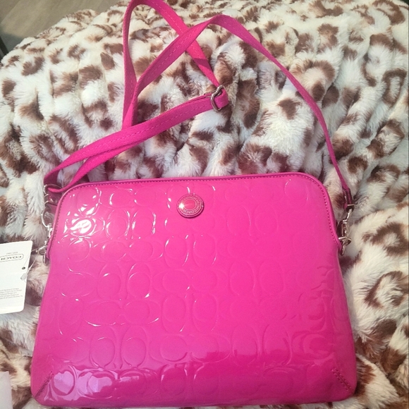 Coach **Authentic** Magenta Pink Embossed Patent Leather, Crossbody Ipad bag,NWT - Picture 1 of 10
